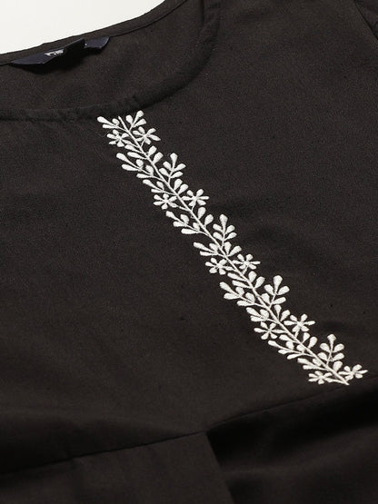 Women Black Solid Solid Round Neck Cotton Fit And Flare Dress | LASVINI - Redefining Indian Fashion with Elegance