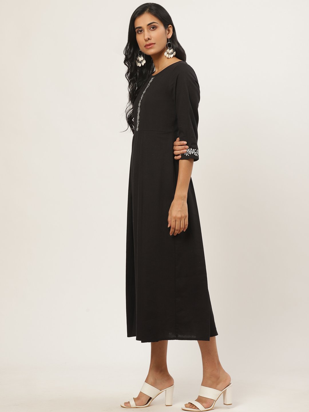 Women Black Solid Solid Round Neck Cotton Fit And Flare Dress | LASVINI - Redefining Indian Fashion with Elegance