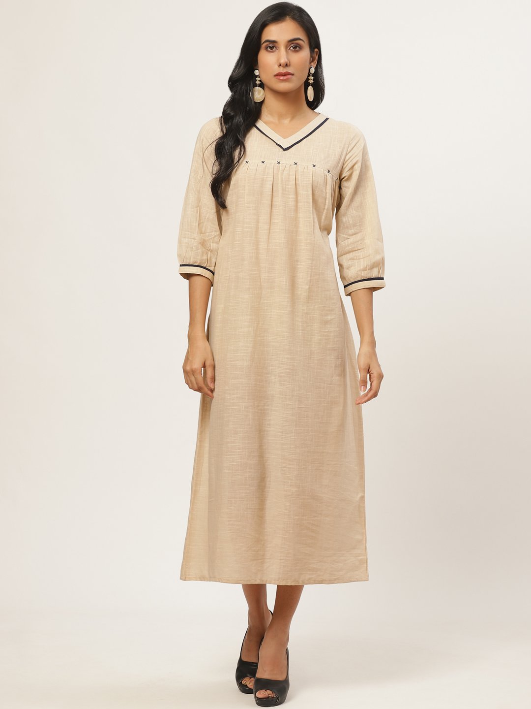 Women Beige Solid Solid V-Neck Cotton A-Line Dress | LASVINI - Redefining Indian Fashion with Elegance