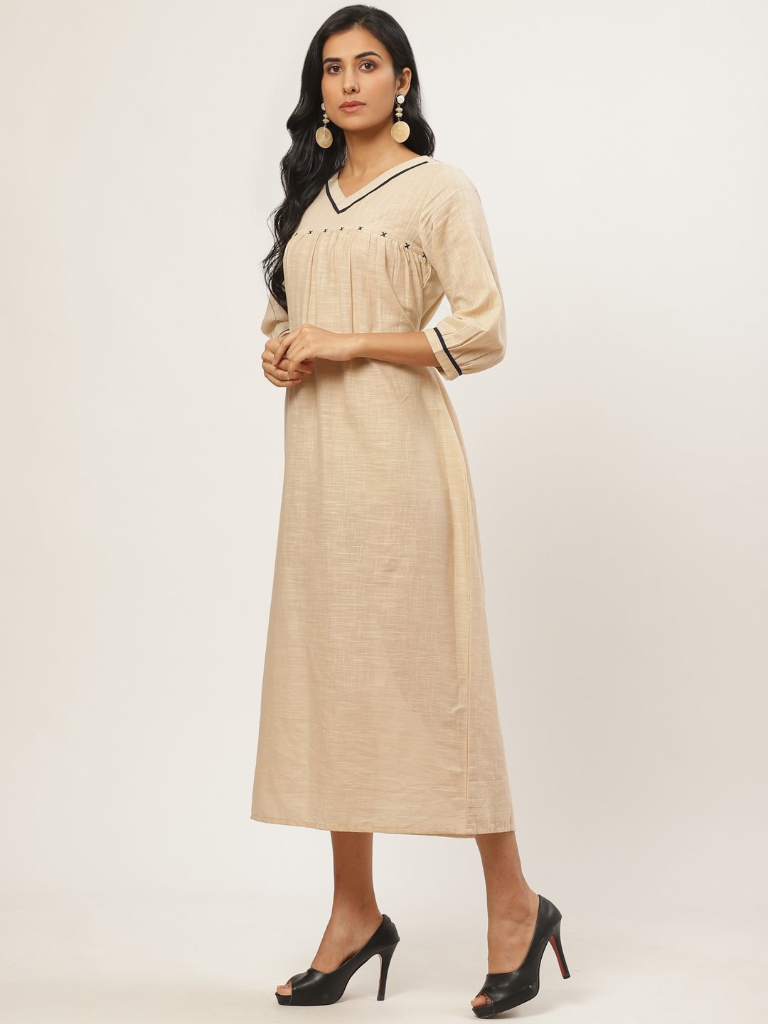 Women Beige Solid Solid V-Neck Cotton A-Line Dress | LASVINI - Redefining Indian Fashion with Elegance