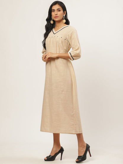 Women Beige Solid Solid V-Neck Cotton A-Line Dress | LASVINI - Redefining Indian Fashion with Elegance