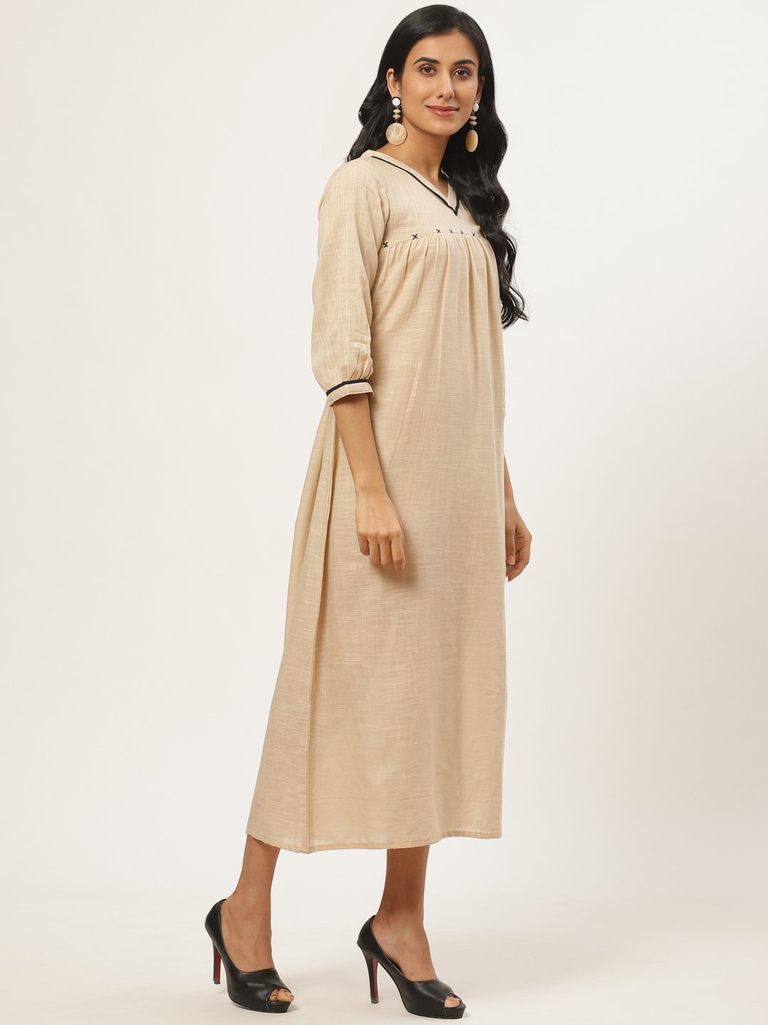 Women Beige Solid Solid V-Neck Cotton A-Line Dress | LASVINI - Redefining Indian Fashion with Elegance