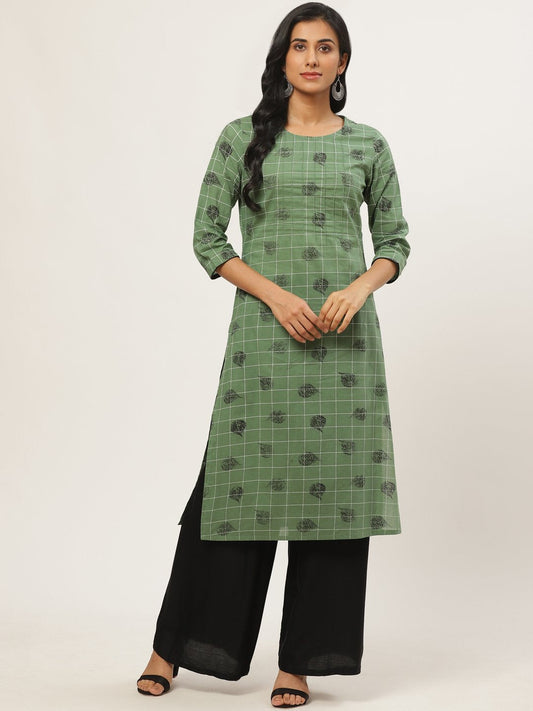 Women Green Calf Length Three-Quarter Sleeves Straight Ethnic Motifs Yoke Design Cotton Kurta | LASVINI - Redefining Indian Fashion with Elegance