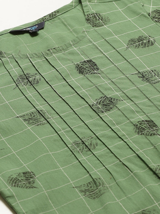 Women Green Calf Length Three-Quarter Sleeves Straight Ethnic Motifs Yoke Design Cotton Kurta | LASVINI - Redefining Indian Fashion with Elegance