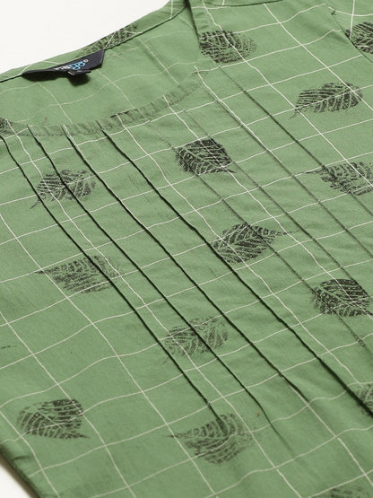 Women Green Calf Length Three-Quarter Sleeves Straight Ethnic Motifs Yoke Design Cotton Kurta | LASVINI - Redefining Indian Fashion with Elegance