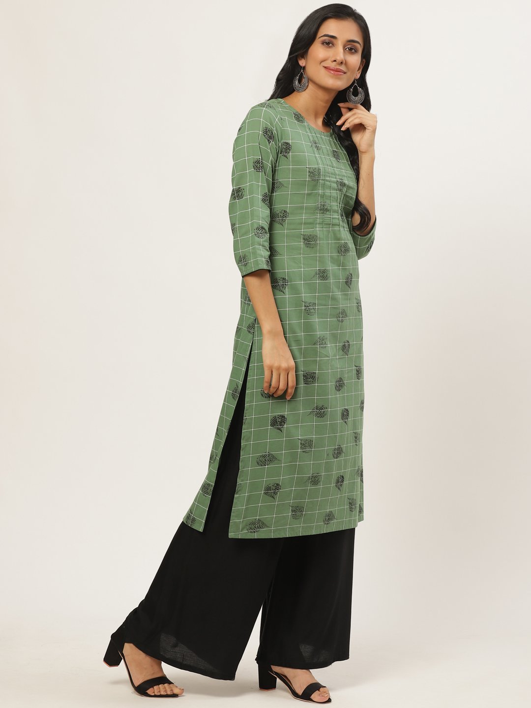 Women Green Calf Length Three-Quarter Sleeves Straight Ethnic Motifs Yoke Design Cotton Kurta | LASVINI - Redefining Indian Fashion with Elegance
