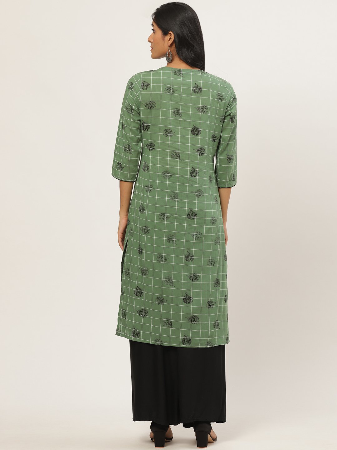 Women Green Calf Length Three-Quarter Sleeves Straight Ethnic Motifs Yoke Design Cotton Kurta | LASVINI - Redefining Indian Fashion with Elegance