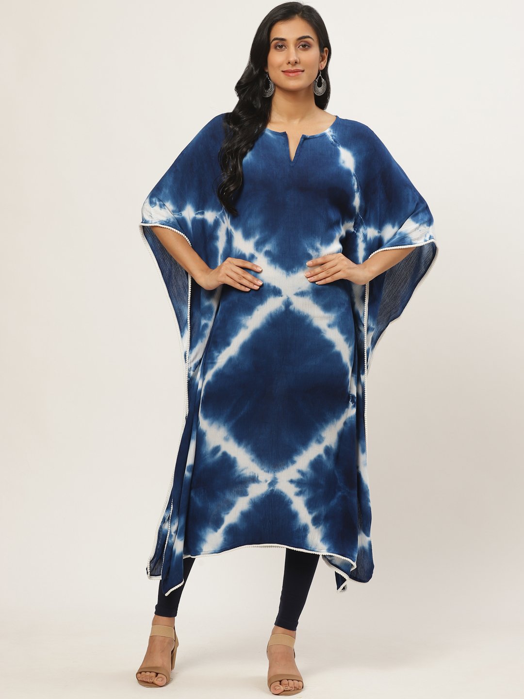 Women Blue Calf Length Short Sleeves Kaftan Bandhani Dyed Cotton Kurta | LASVINI - Redefining Indian Fashion with Elegance