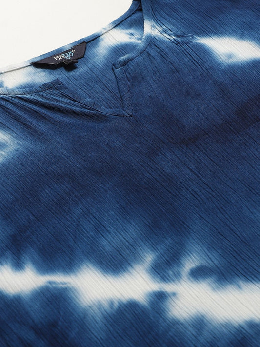 Women Blue Calf Length Short Sleeves Kaftan Bandhani Dyed Cotton Kurta | LASVINI - Redefining Indian Fashion with Elegance