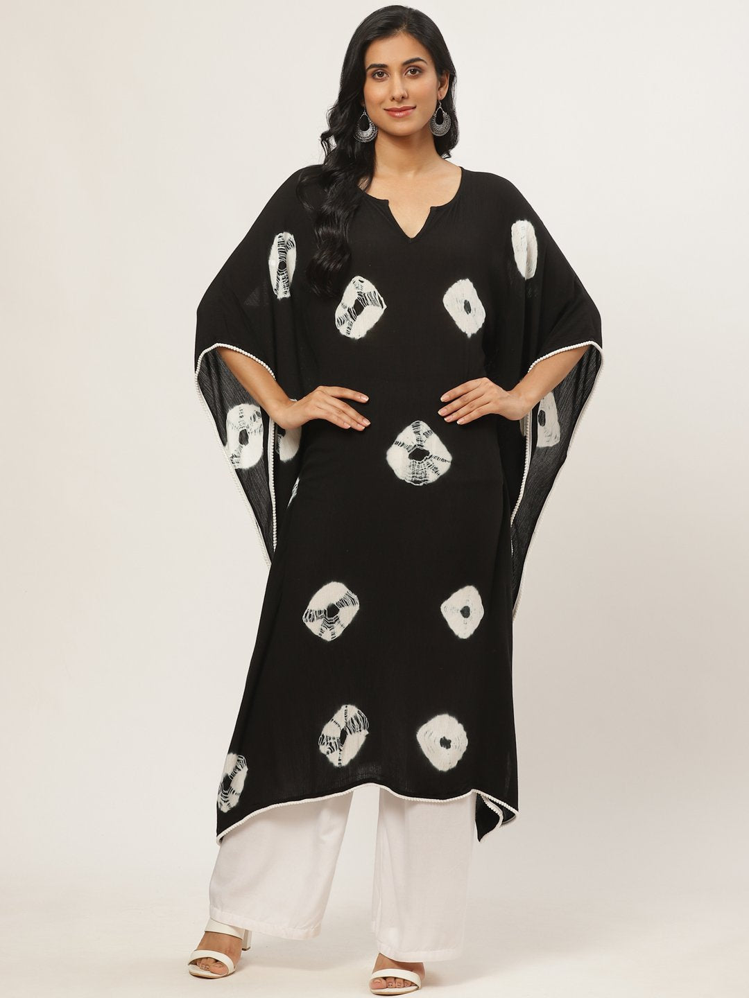 Women Black Calf Length Short Sleeves Kaftan Bandhani Printed Cotton Kurta | LASVINI - Redefining Indian Fashion with Elegance