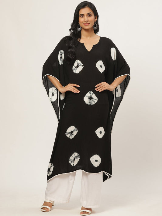 Women Black Calf Length Short Sleeves Kaftan Bandhani Printed Cotton Kurta | LASVINI - Redefining Indian Fashion with Elegance
