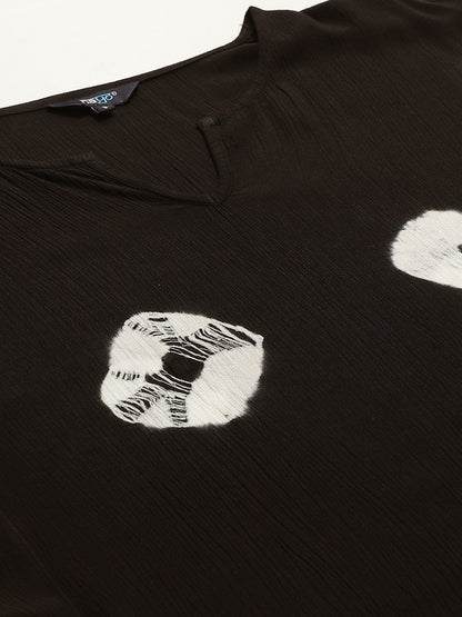 Women Black Calf Length Short Sleeves Kaftan Bandhani Printed Cotton Kurta | LASVINI - Redefining Indian Fashion with Elegance