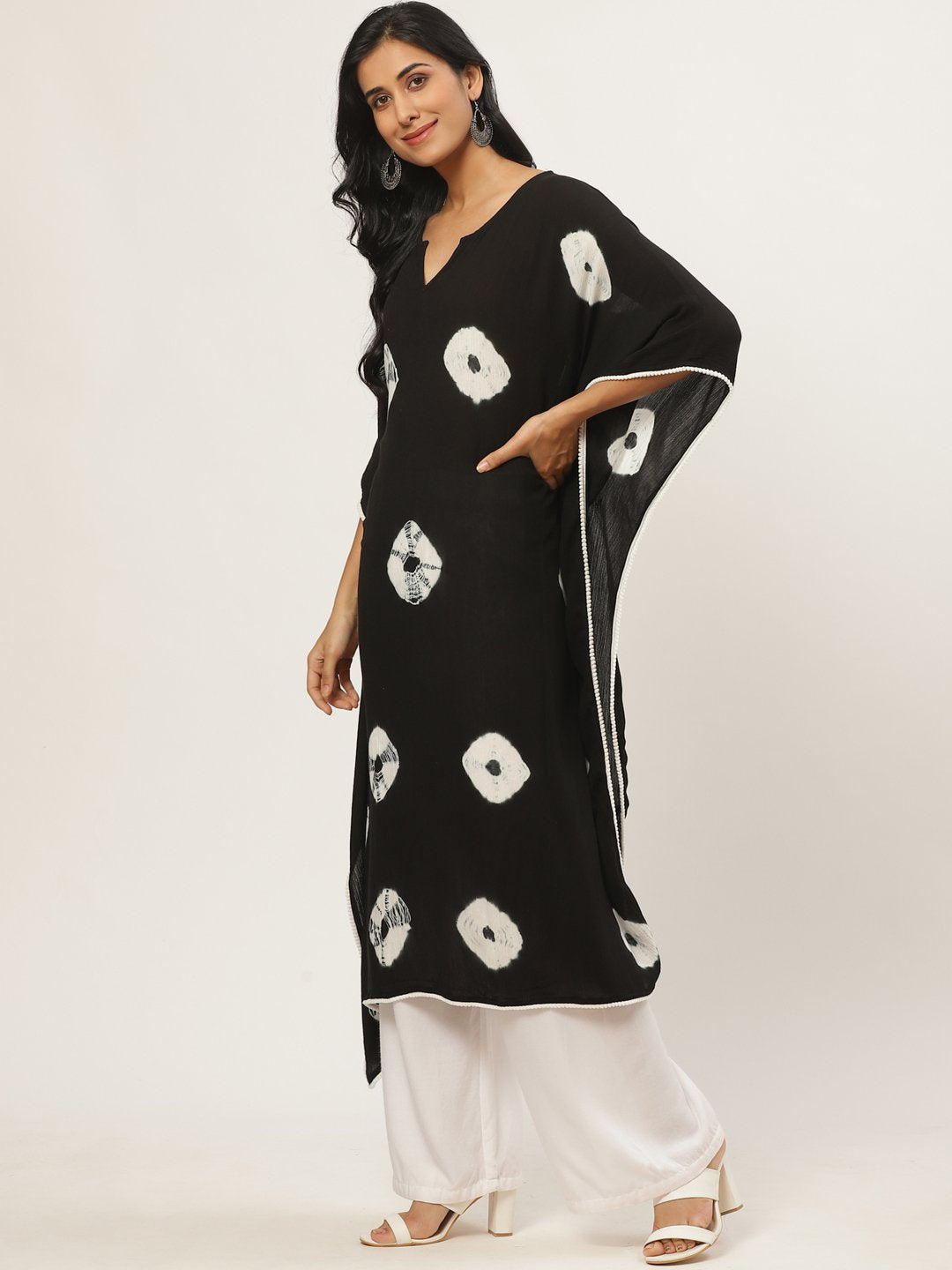 Women Black Calf Length Short Sleeves Kaftan Bandhani Printed Cotton Kurta | LASVINI - Redefining Indian Fashion with Elegance