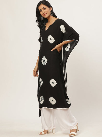Women Black Calf Length Short Sleeves Kaftan Bandhani Printed Cotton Kurta | LASVINI - Redefining Indian Fashion with Elegance