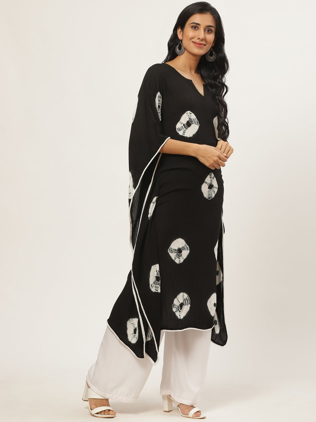 Women Black Calf Length Short Sleeves Kaftan Bandhani Printed Cotton Kurta | LASVINI - Redefining Indian Fashion with Elegance