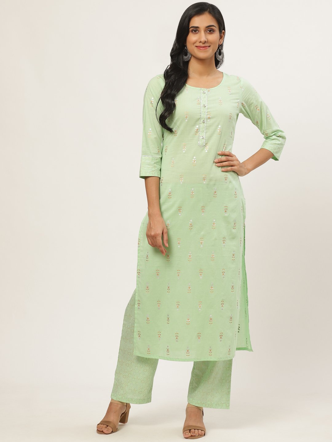 Women Green Three-Quarter Sleeves Straight Kurta With Palazzo | LASVINI - Redefining Indian Fashion with Elegance