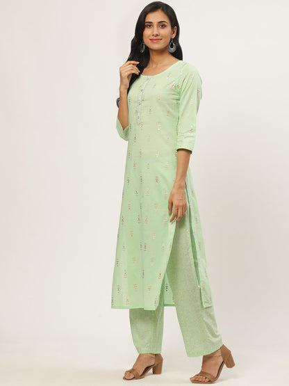 Women Green Three-Quarter Sleeves Straight Kurta With Palazzo | LASVINI - Redefining Indian Fashion with Elegance