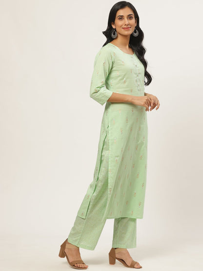 Women Green Three-Quarter Sleeves Straight Kurta With Palazzo | LASVINI - Redefining Indian Fashion with Elegance