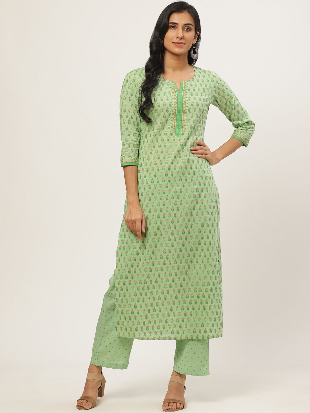 Women Green Three-Quarter Sleeves Straight Kurta With Palazzo | LASVINI - Redefining Indian Fashion with Elegance