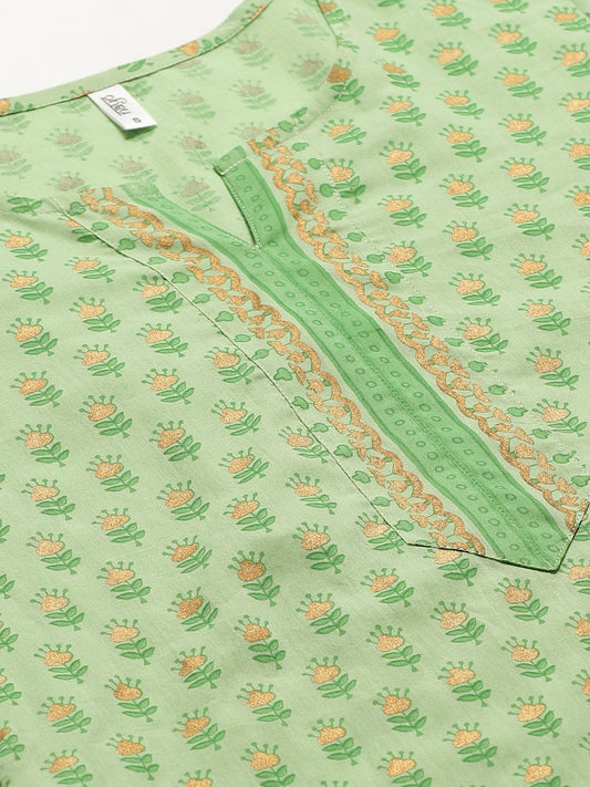 Women Green Three-Quarter Sleeves Straight Kurta With Palazzo | LASVINI - Redefining Indian Fashion with Elegance