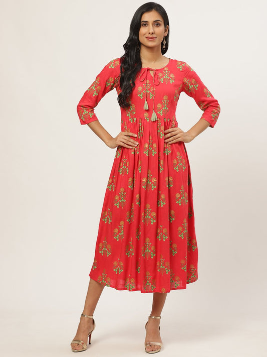 Women Coral Floral Printed V-Neck Cotton Fit And Flare Dress | LASVINI - Redefining Indian Fashion with Elegance