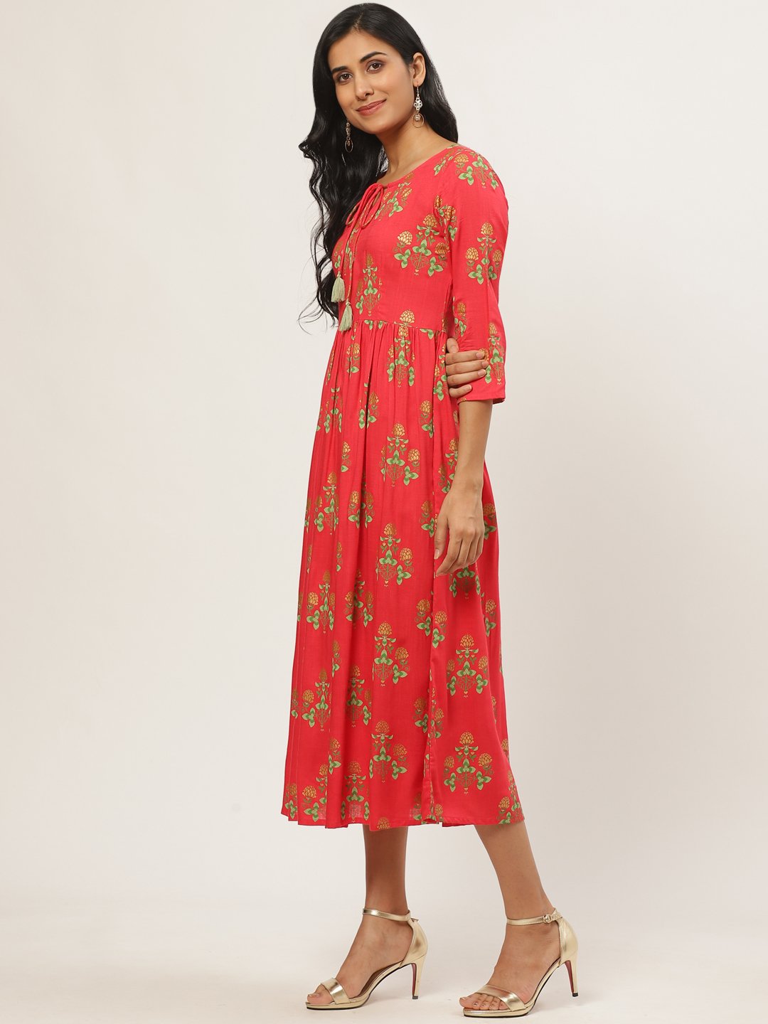 Women Coral Floral Printed V-Neck Cotton Fit And Flare Dress | LASVINI - Redefining Indian Fashion with Elegance