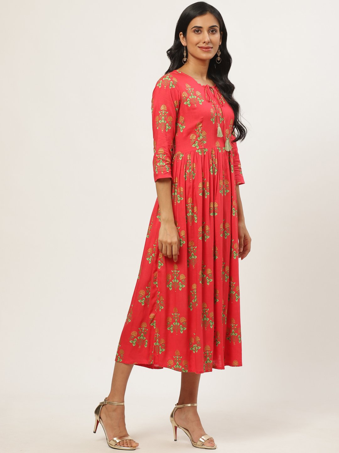 Women Coral Floral Printed V-Neck Cotton Fit And Flare Dress | LASVINI - Redefining Indian Fashion with Elegance