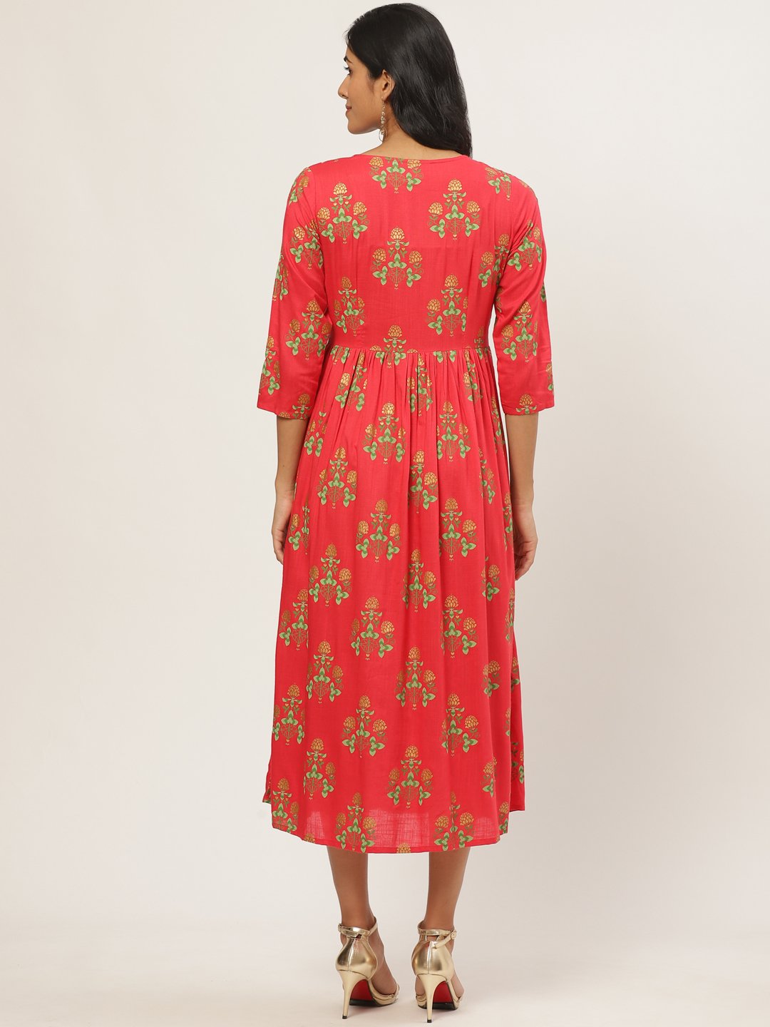 Women Coral Floral Printed V-Neck Cotton Fit And Flare Dress | LASVINI - Redefining Indian Fashion with Elegance