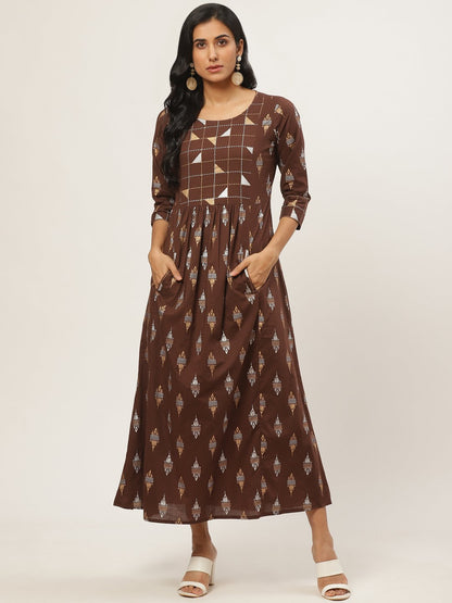 Women Brown Ethnic Motifs Printed Round Neck Cotton Fit And Flare Dress | LASVINI - Redefining Indian Fashion with Elegance
