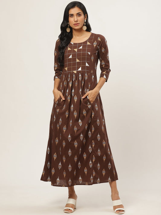 Women Brown Ethnic Motifs Printed Round Neck Cotton Fit And Flare Dress | LASVINI - Redefining Indian Fashion with Elegance
