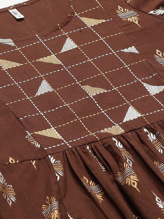 Women Brown Ethnic Motifs Printed Round Neck Cotton Fit And Flare Dress | LASVINI - Redefining Indian Fashion with Elegance