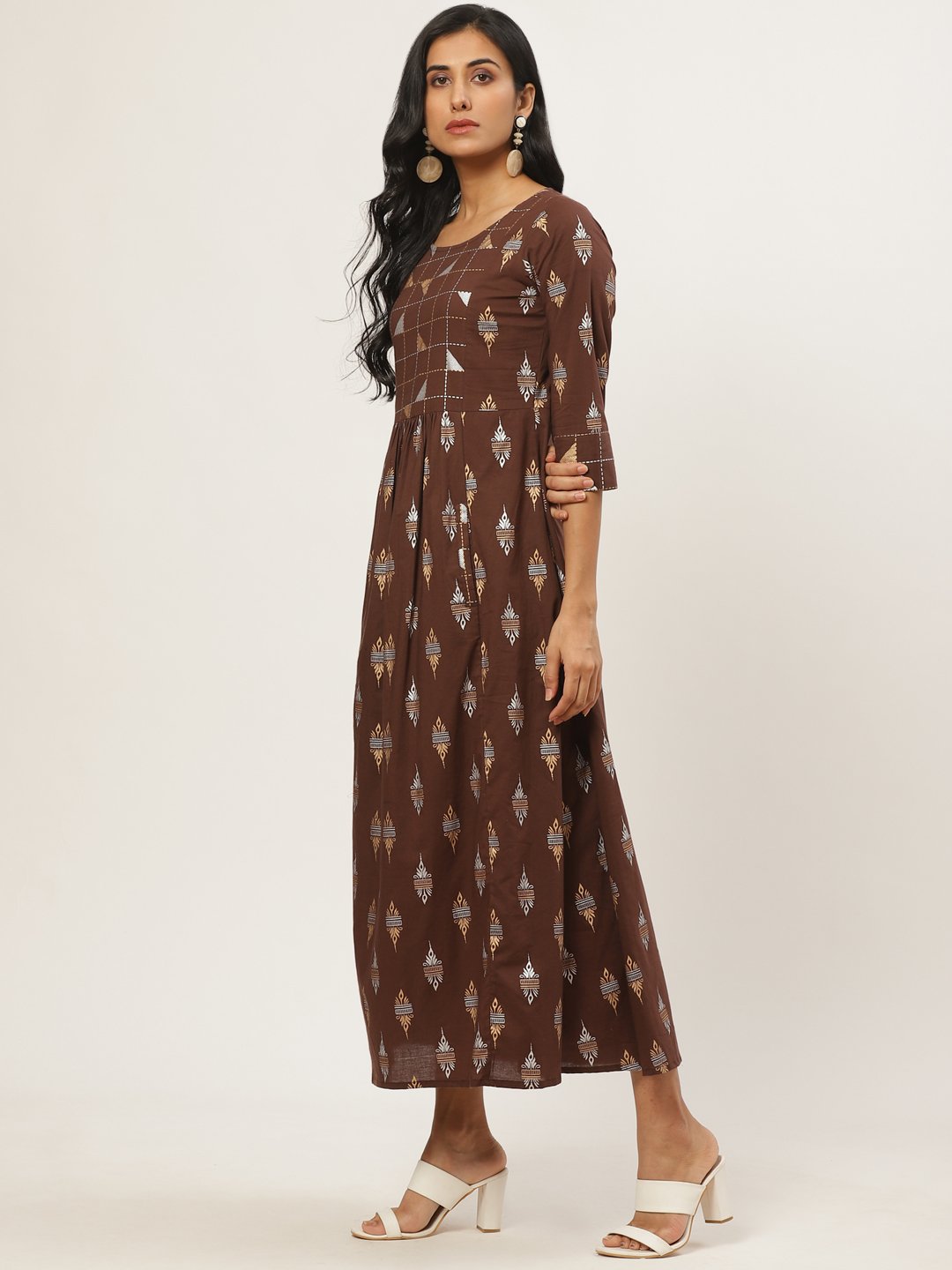 Women Brown Ethnic Motifs Printed Round Neck Cotton Fit And Flare Dress | LASVINI - Redefining Indian Fashion with Elegance
