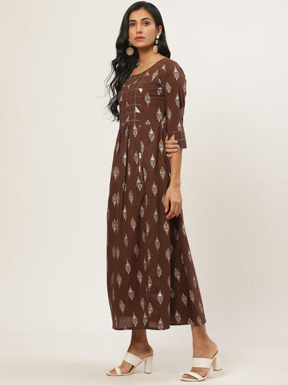 Women Brown Ethnic Motifs Printed Round Neck Cotton Fit And Flare Dress | LASVINI - Redefining Indian Fashion with Elegance