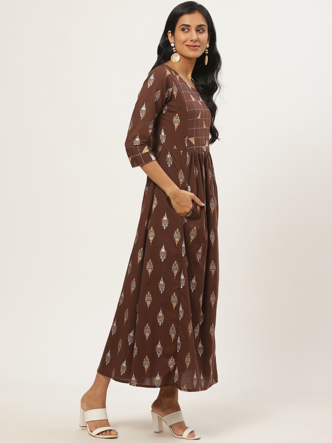 Women Brown Ethnic Motifs Printed Round Neck Cotton Fit And Flare Dress | LASVINI - Redefining Indian Fashion with Elegance