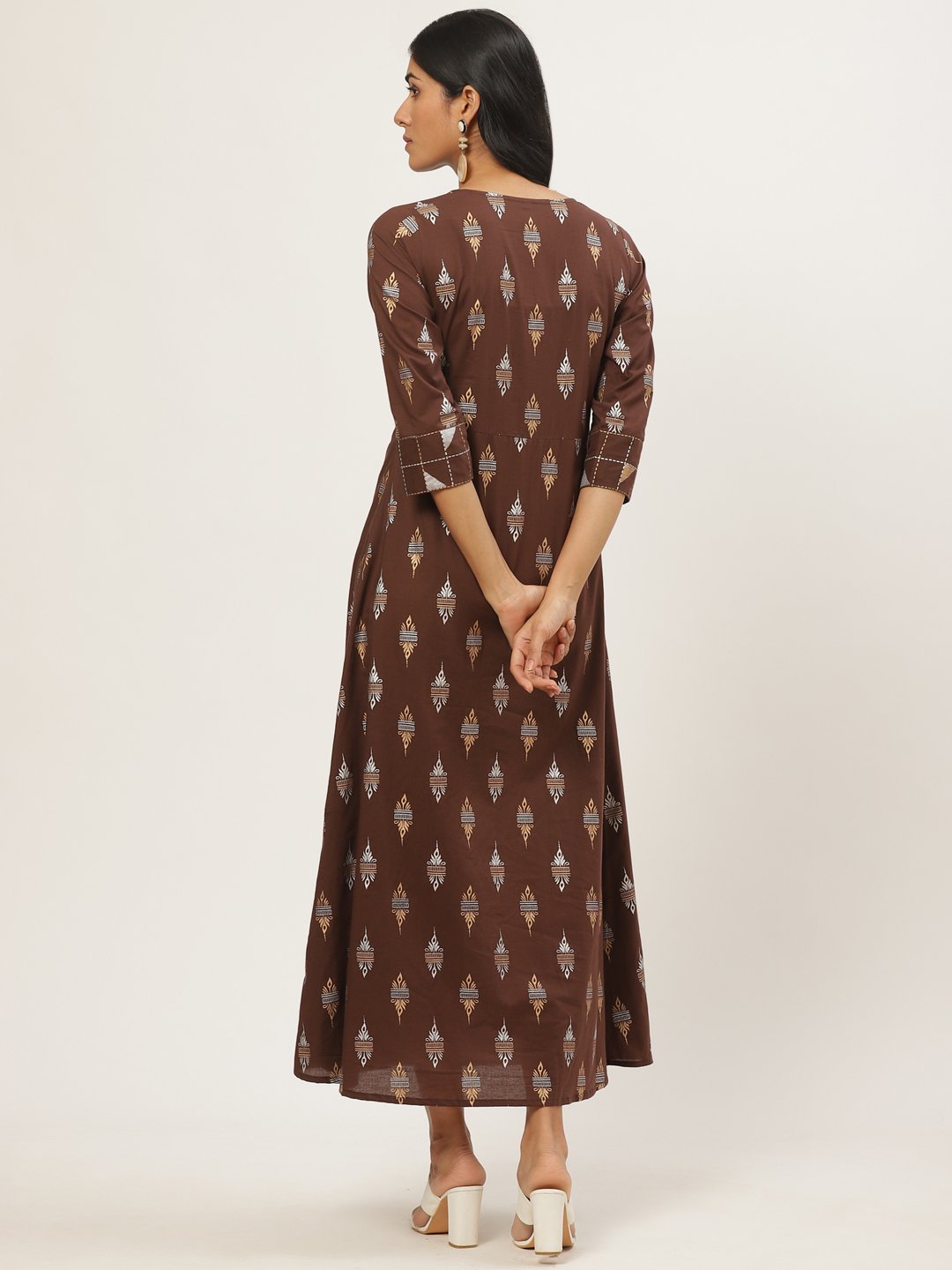 Women Brown Ethnic Motifs Printed Round Neck Cotton Fit And Flare Dress | LASVINI - Redefining Indian Fashion with Elegance
