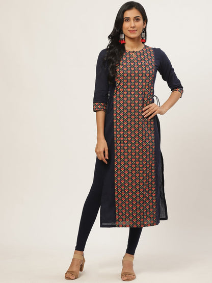 Women Navy Blue Calf Length Three-Quarter Sleeves Straight Floral Printed Cotton Kurta | LASVINI - Redefining Indian Fashion with Elegance