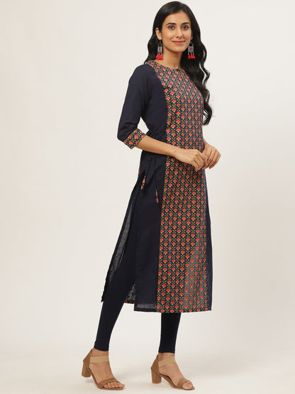 Women Navy Blue Calf Length Three-Quarter Sleeves Straight Floral Printed Cotton Kurta | LASVINI - Redefining Indian Fashion with Elegance