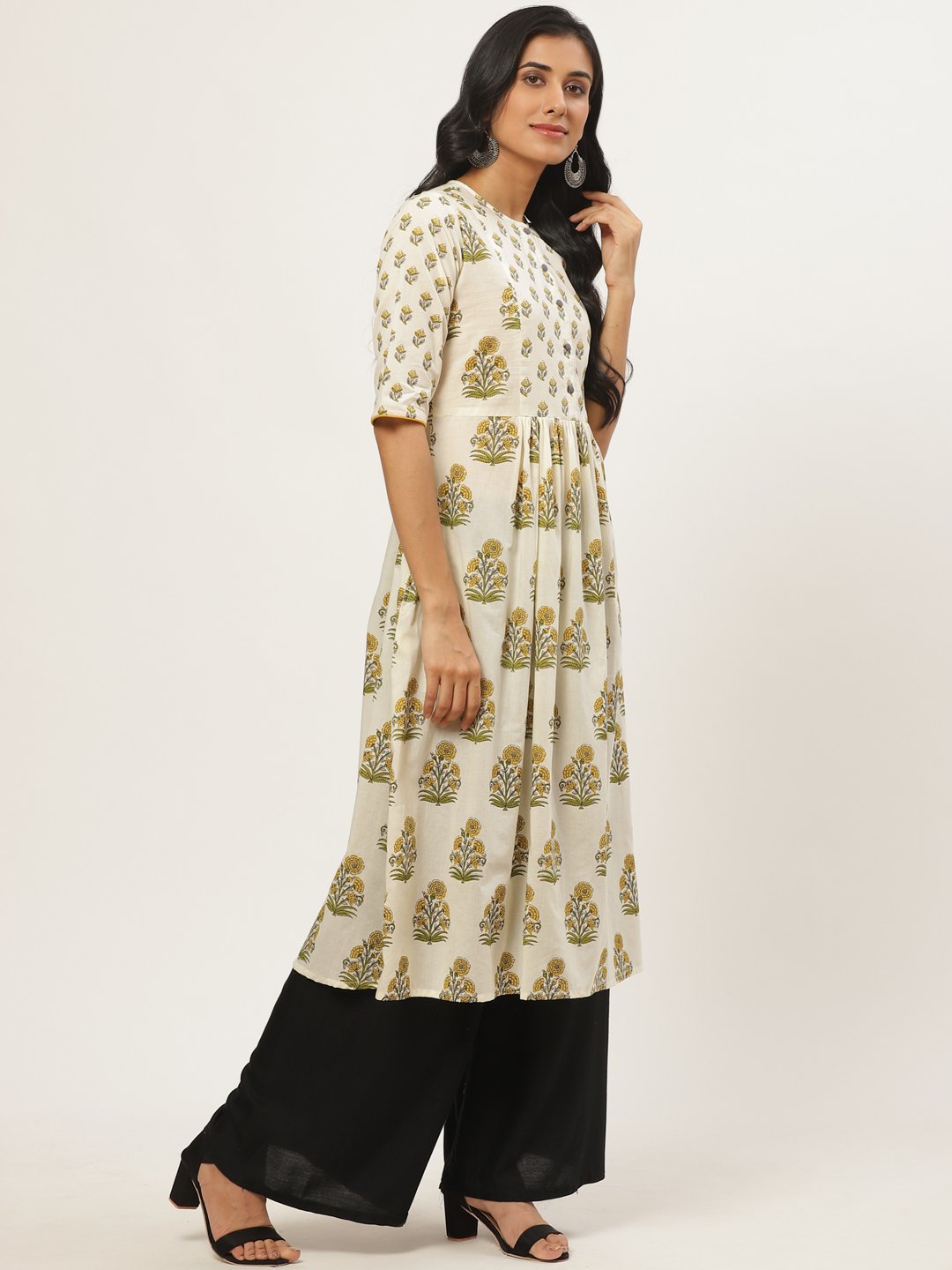 Women Off White Calf Length Three-Quarter Sleeves A-Line Floral Yoke Design Cotton Kurta | LASVINI - Redefining Indian Fashion with Elegance
