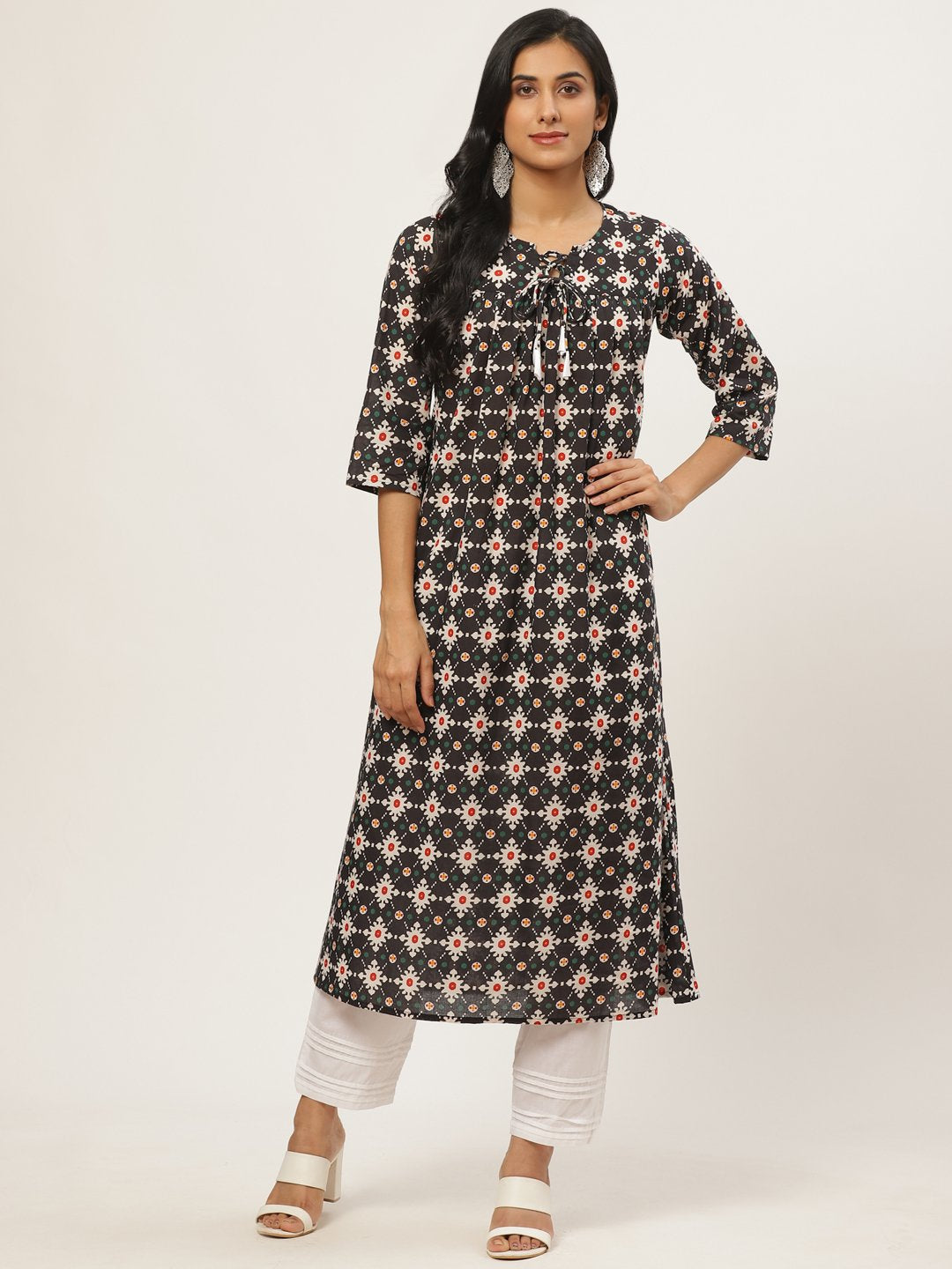 Women Black Three-Quarter Sleeves Flared Kurta With Trouser | LASVINI - Redefining Indian Fashion with Elegance