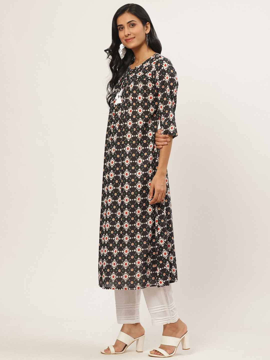 Women Black Three-Quarter Sleeves Flared Kurta With Trouser | LASVINI - Redefining Indian Fashion with Elegance