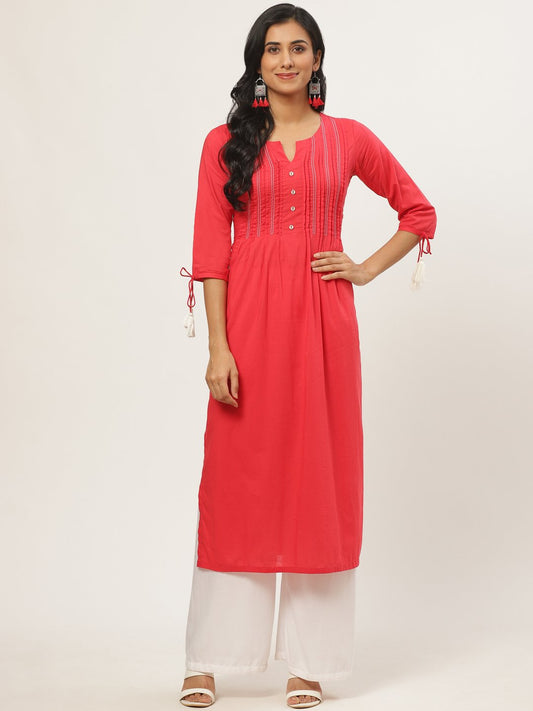 Women Red Calf Length Three-Quarter Sleeves A-Line Solid Yoke Design Cotton Kurta | LASVINI - Redefining Indian Fashion with Elegance