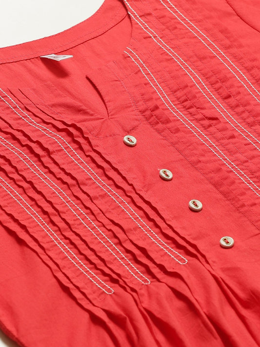 Women Red Calf Length Three-Quarter Sleeves A-Line Solid Yoke Design Cotton Kurta | LASVINI - Redefining Indian Fashion with Elegance