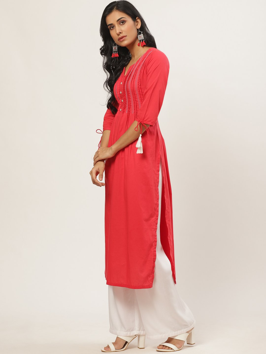 Women Red Calf Length Three-Quarter Sleeves A-Line Solid Yoke Design Cotton Kurta | LASVINI - Redefining Indian Fashion with Elegance