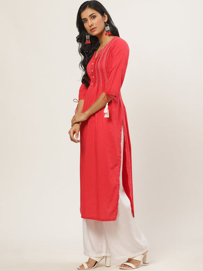 Women Red Calf Length Three-Quarter Sleeves A-Line Solid Yoke Design Cotton Kurta | LASVINI - Redefining Indian Fashion with Elegance