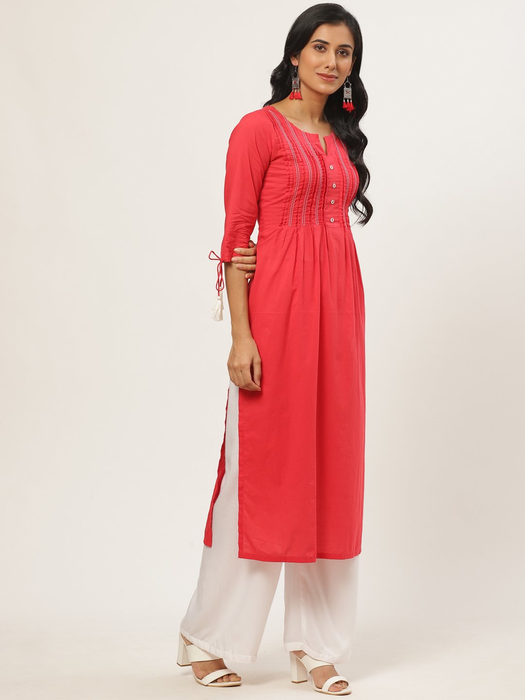 Women Red Calf Length Three-Quarter Sleeves A-Line Solid Yoke Design Cotton Kurta | LASVINI - Redefining Indian Fashion with Elegance