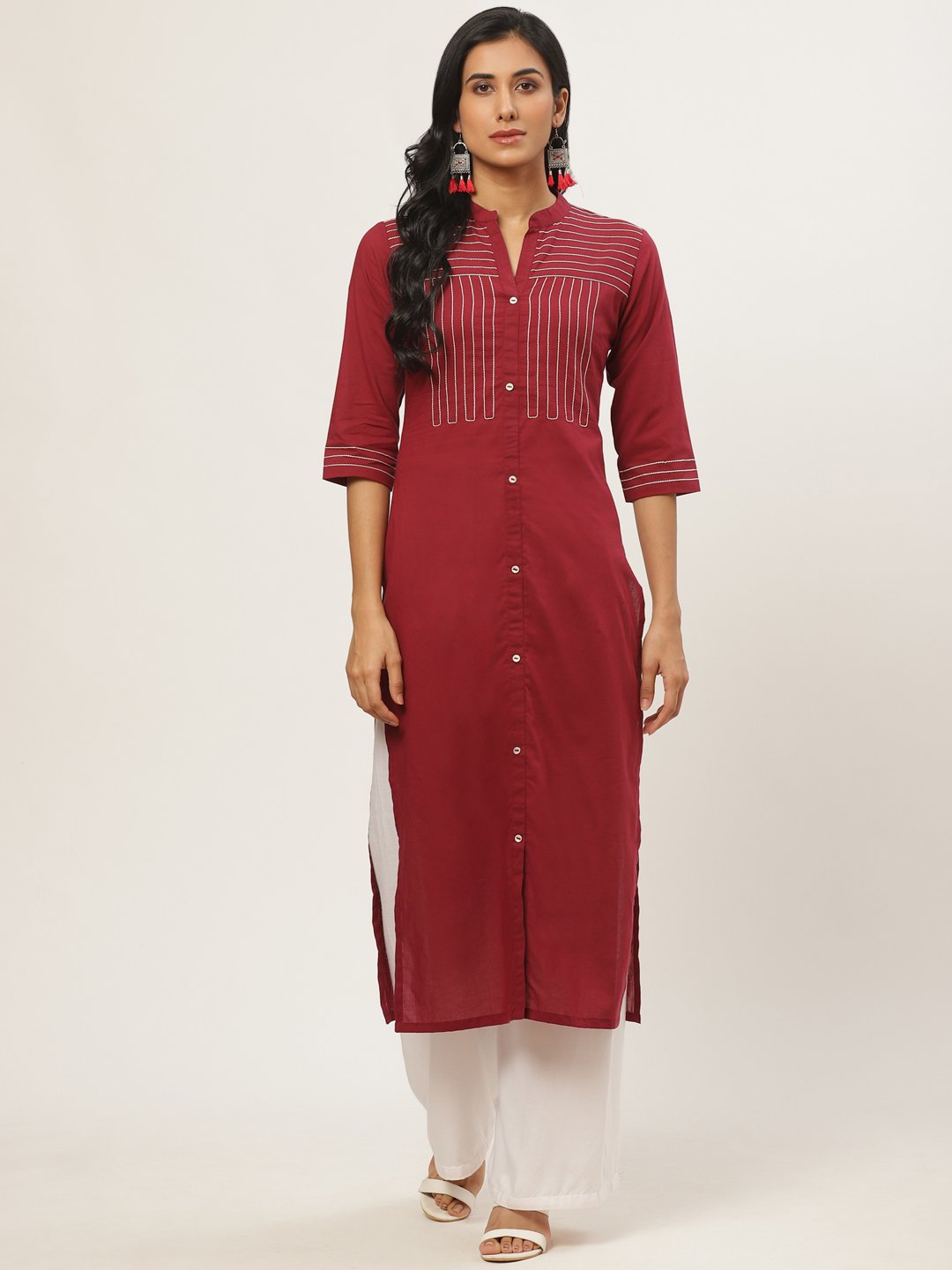 Women Maroon Calf Length Three-Quarter Sleeves Straight Solid Solid Cotton Kurta | LASVINI - Redefining Indian Fashion with Elegance
