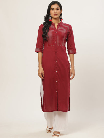 Women Maroon Calf Length Three-Quarter Sleeves Straight Solid Solid Cotton Kurta | LASVINI - Redefining Indian Fashion with Elegance