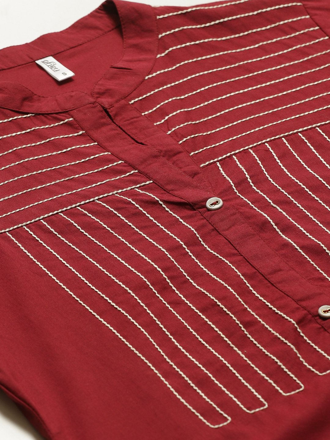 Women Maroon Calf Length Three-Quarter Sleeves Straight Solid Solid Cotton Kurta | LASVINI - Redefining Indian Fashion with Elegance