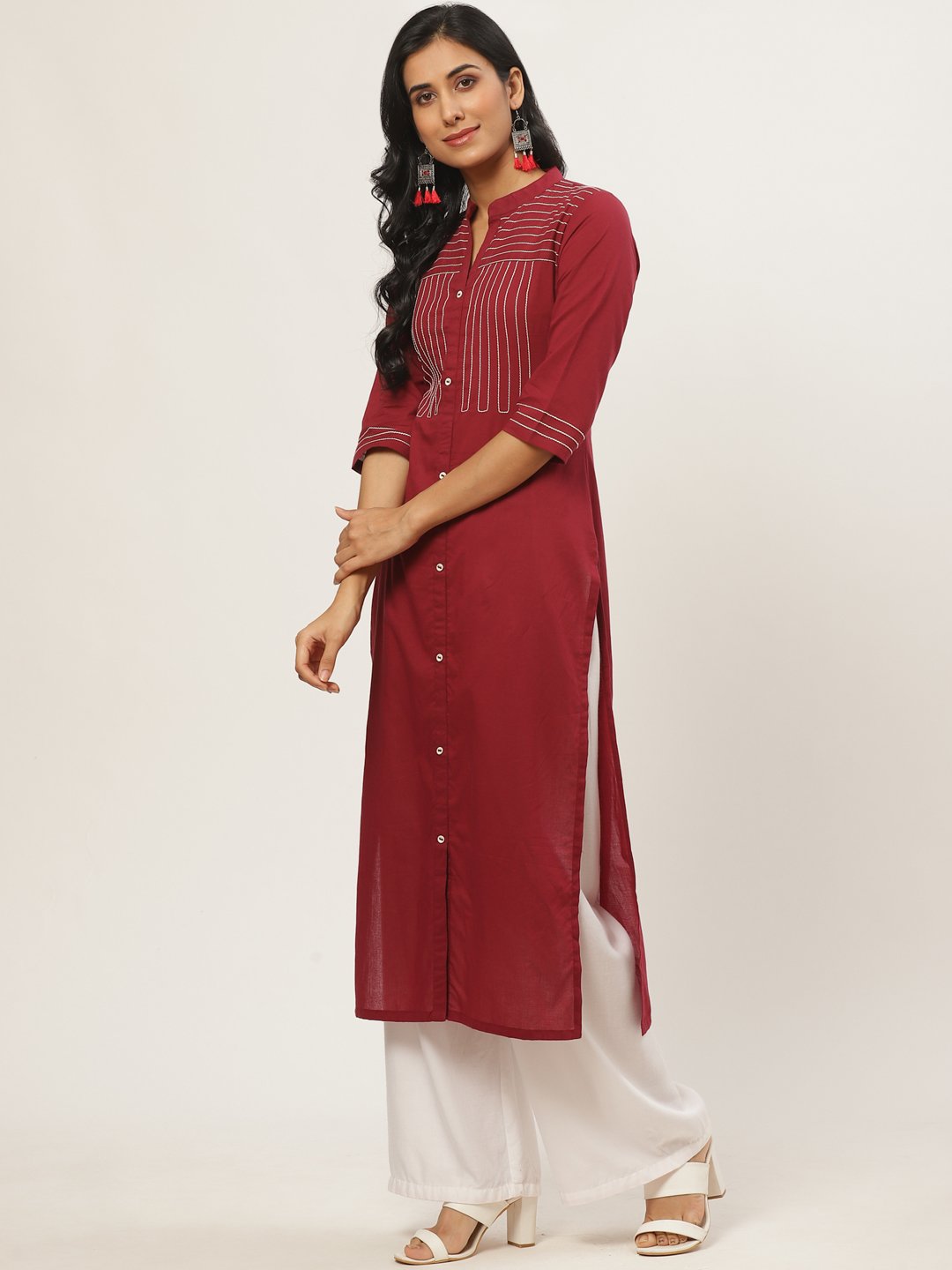 Women Maroon Calf Length Three-Quarter Sleeves Straight Solid Solid Cotton Kurta | LASVINI - Redefining Indian Fashion with Elegance
