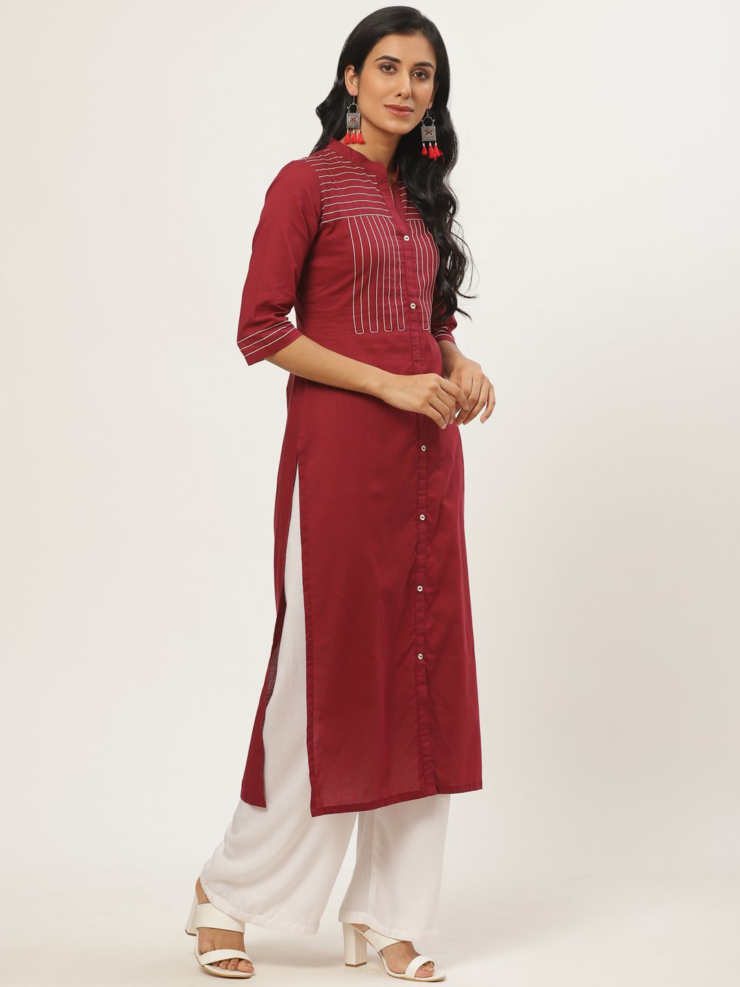 Women Maroon Calf Length Three-Quarter Sleeves Straight Solid Solid Cotton Kurta | LASVINI - Redefining Indian Fashion with Elegance